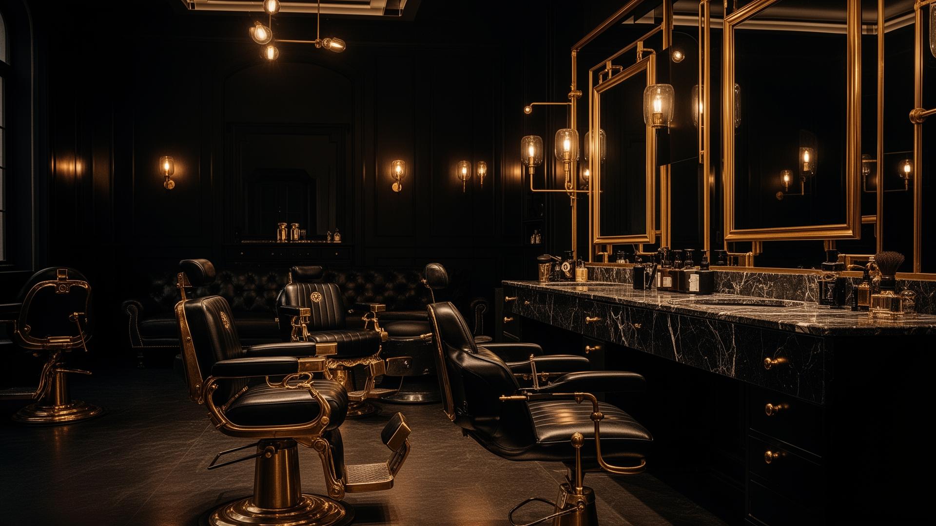 Interior de barbearia premium com cadeiras de couro e detalhes em dourado